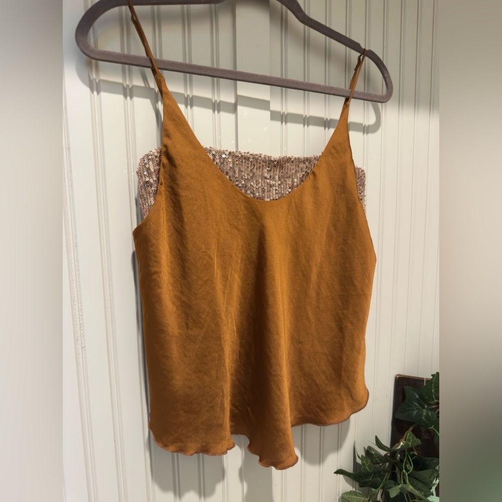 Free People - Turn It On Gold Satin Sequin Cami Top a Size Medium - *NWOT*